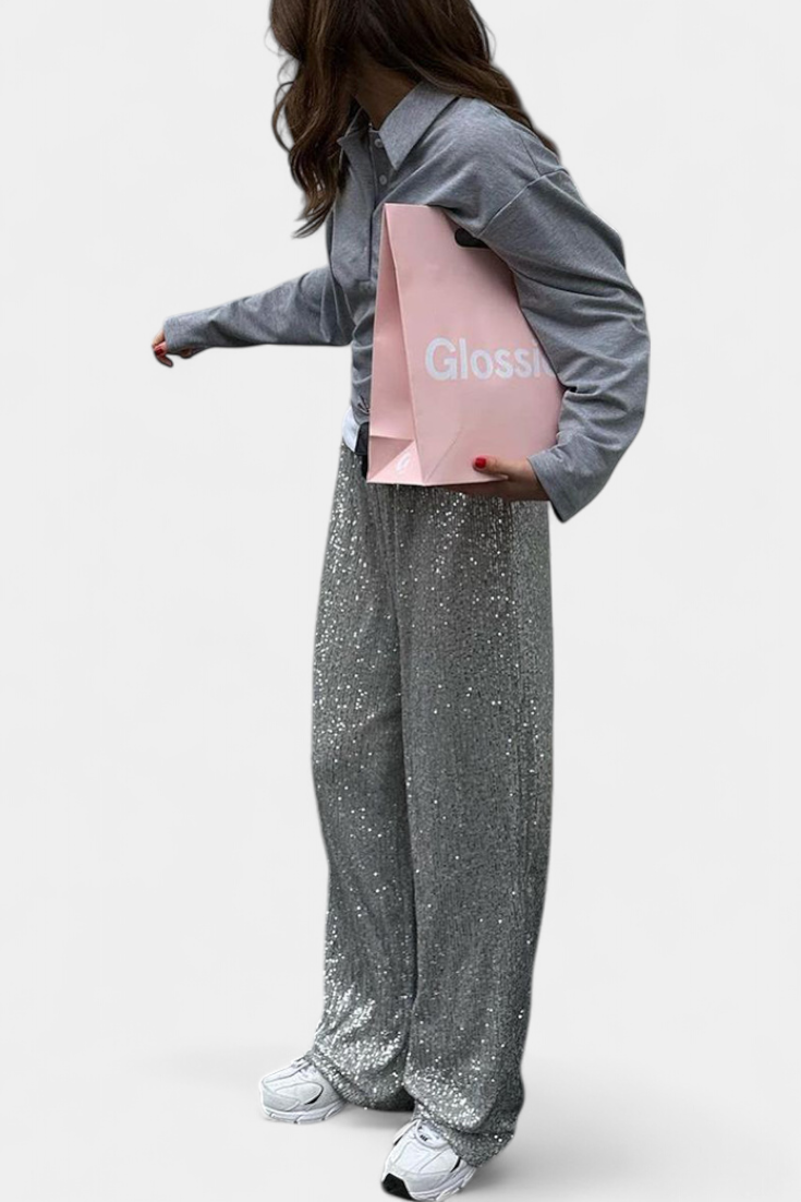 Elva Pantalones de Lentejuelas de Cintura Alta y Corte Holgado