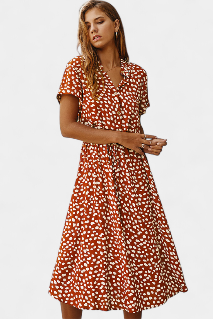 Rovena Vestido Midi de Lunares con Cuello Camisero y Cintura Ajustable