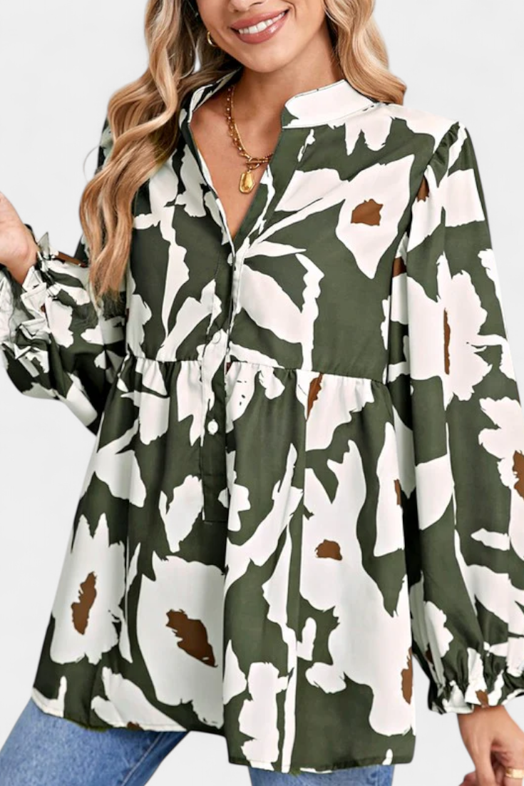 Filomena Blusa con Media Botonadura y Manga Abullonada en Estampado Floral Abstracto