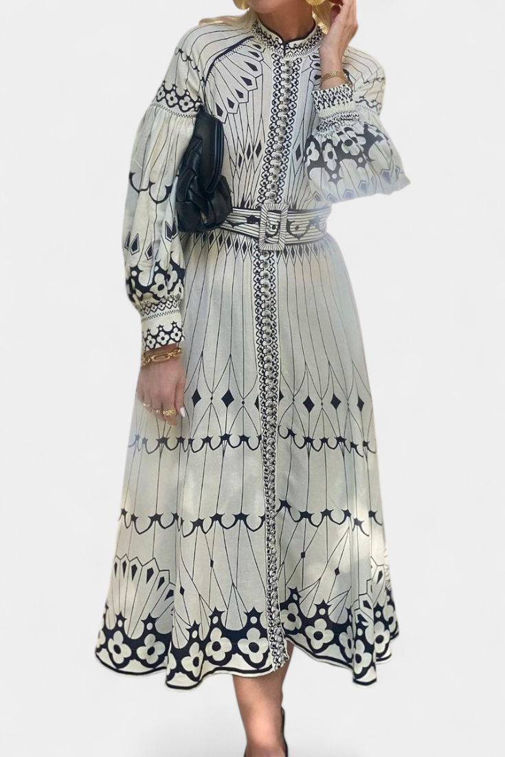 Soria Vestido Maxi Botón Bordado de Estilo Folk