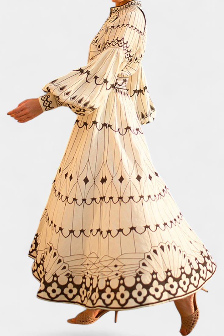 Soria Vestido Maxi Botón Bordado de Estilo Folk