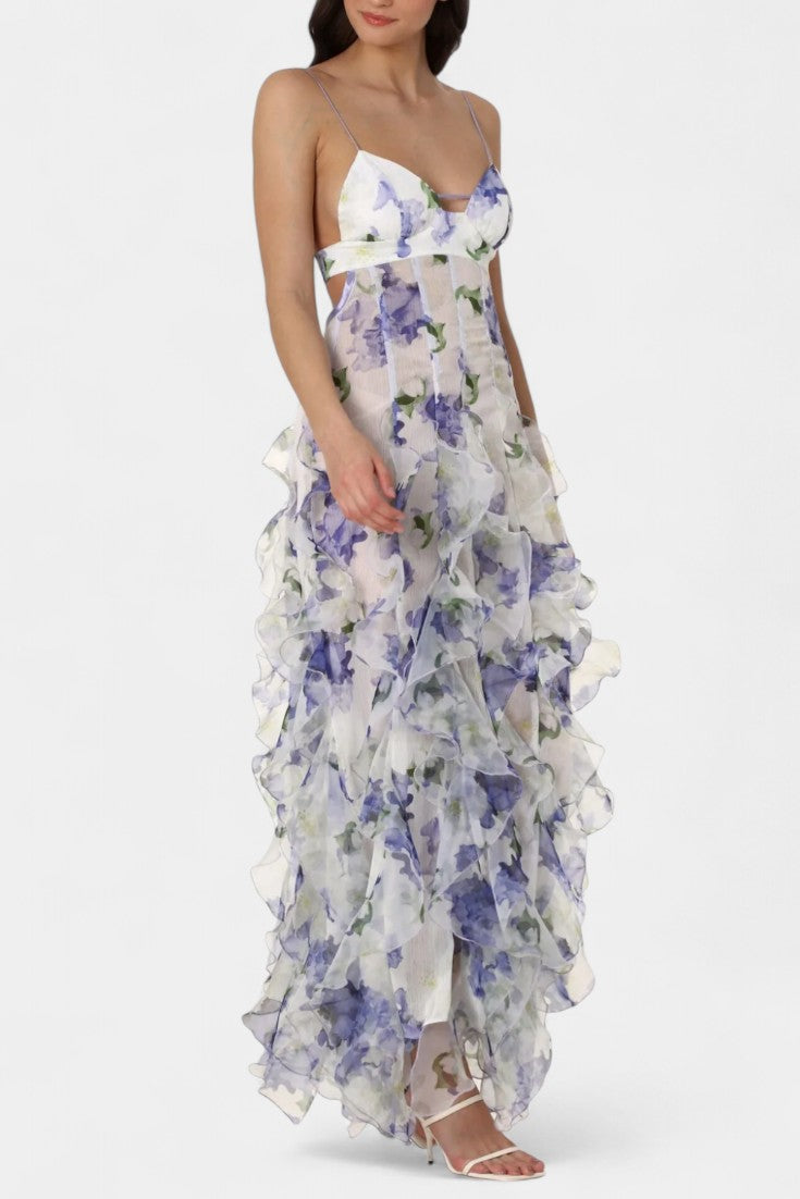 Bonnie Vestido Maxi Cortado con Volantes de Flores