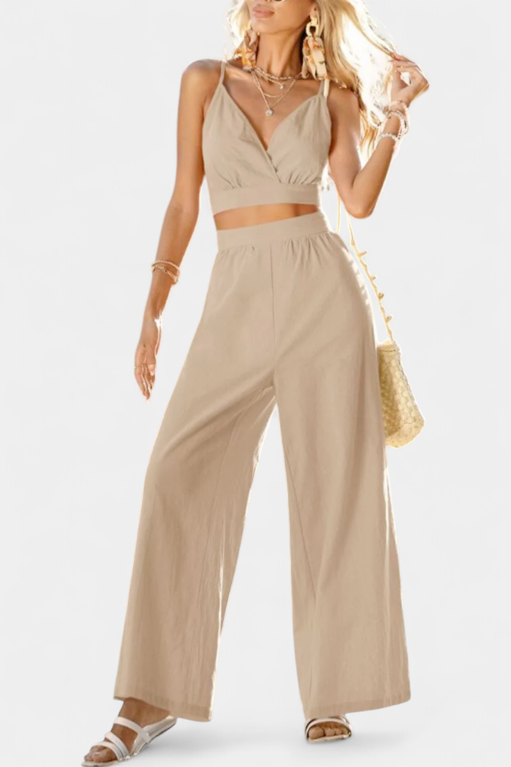 Valentina Conjunto de Chaleco de Encaje de Espalda Abierta y Pantalones Anchos