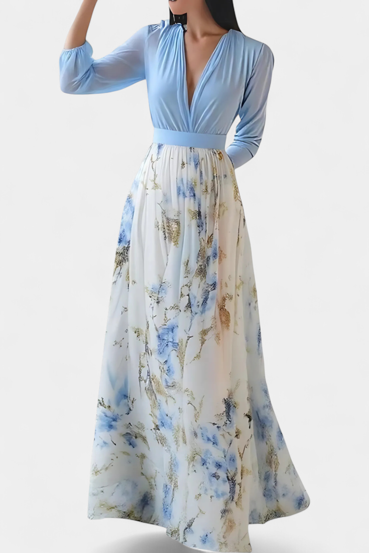 Eliane Vestido Largo con Estampado Floral y Escote Profundo