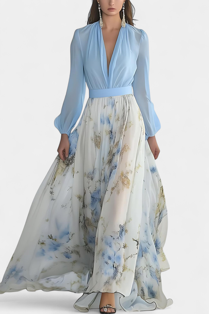 Eliane Vestido Largo con Estampado Floral y Escote Profundo