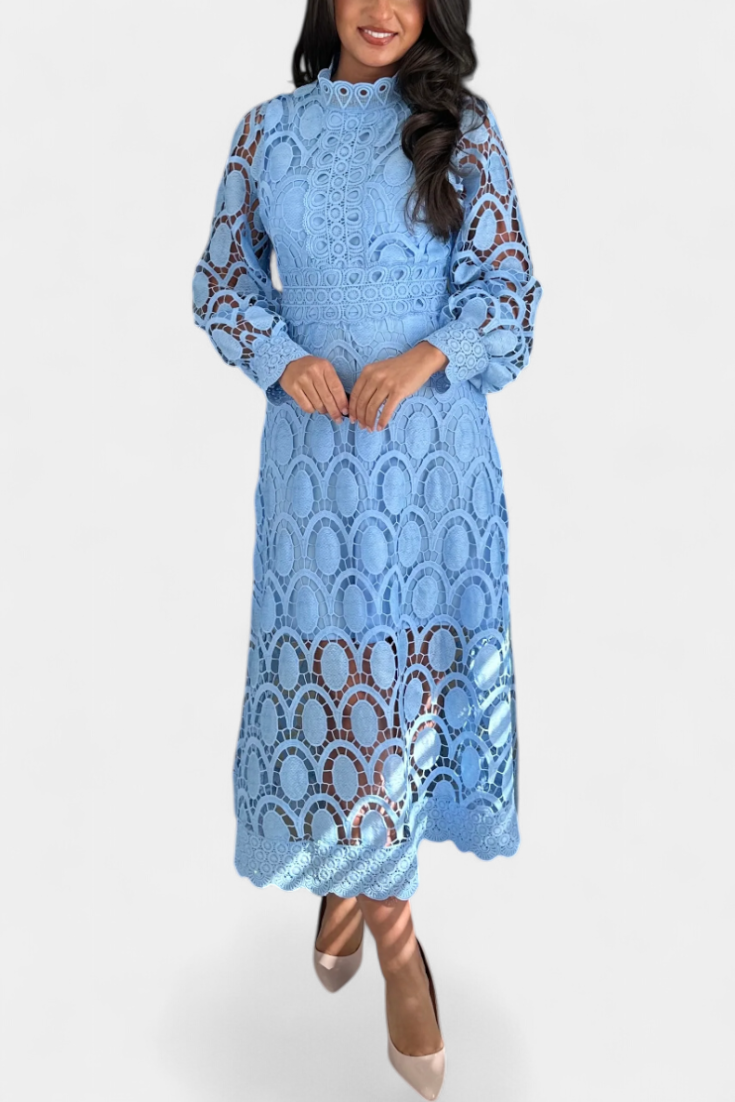 Jovie Vestido Midi de Encaje Bordado con Cuello Alto