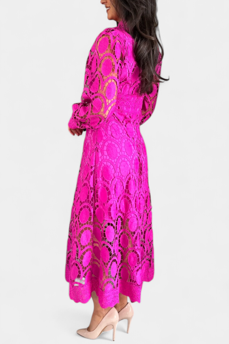 Jovie Vestido Midi de Encaje Bordado con Cuello Alto