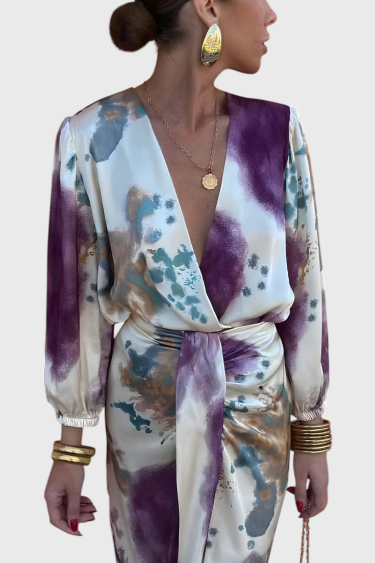 Elara Vestido Maxi con Escote en V Anudado y Estampado Sofisticado