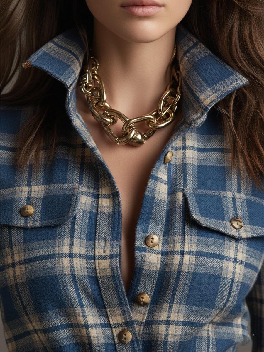 Lapele Vestido Largo de Cuadros con Cinturón