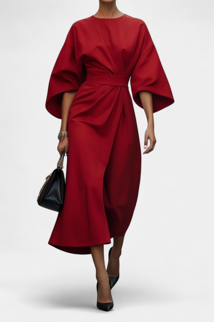 Micaela Vestido Midi con Mangas Lantern y Cintura Ceñida