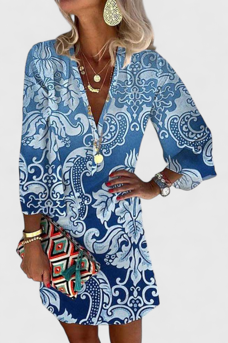 Rufina Vestido Mini Azul con Escote en V y Manga Larga