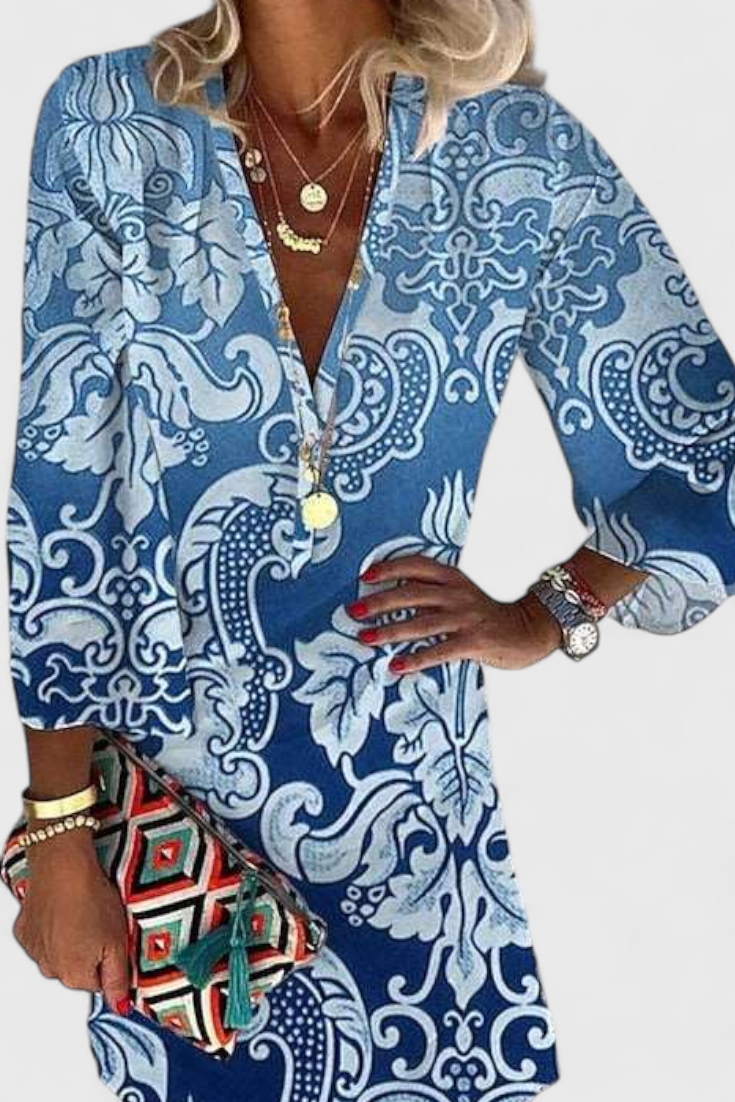 Rufina Vestido Mini Azul con Escote en V y Manga Larga