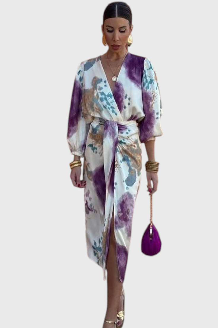 Elara Vestido Maxi con Escote en V Anudado y Estampado Sofisticado