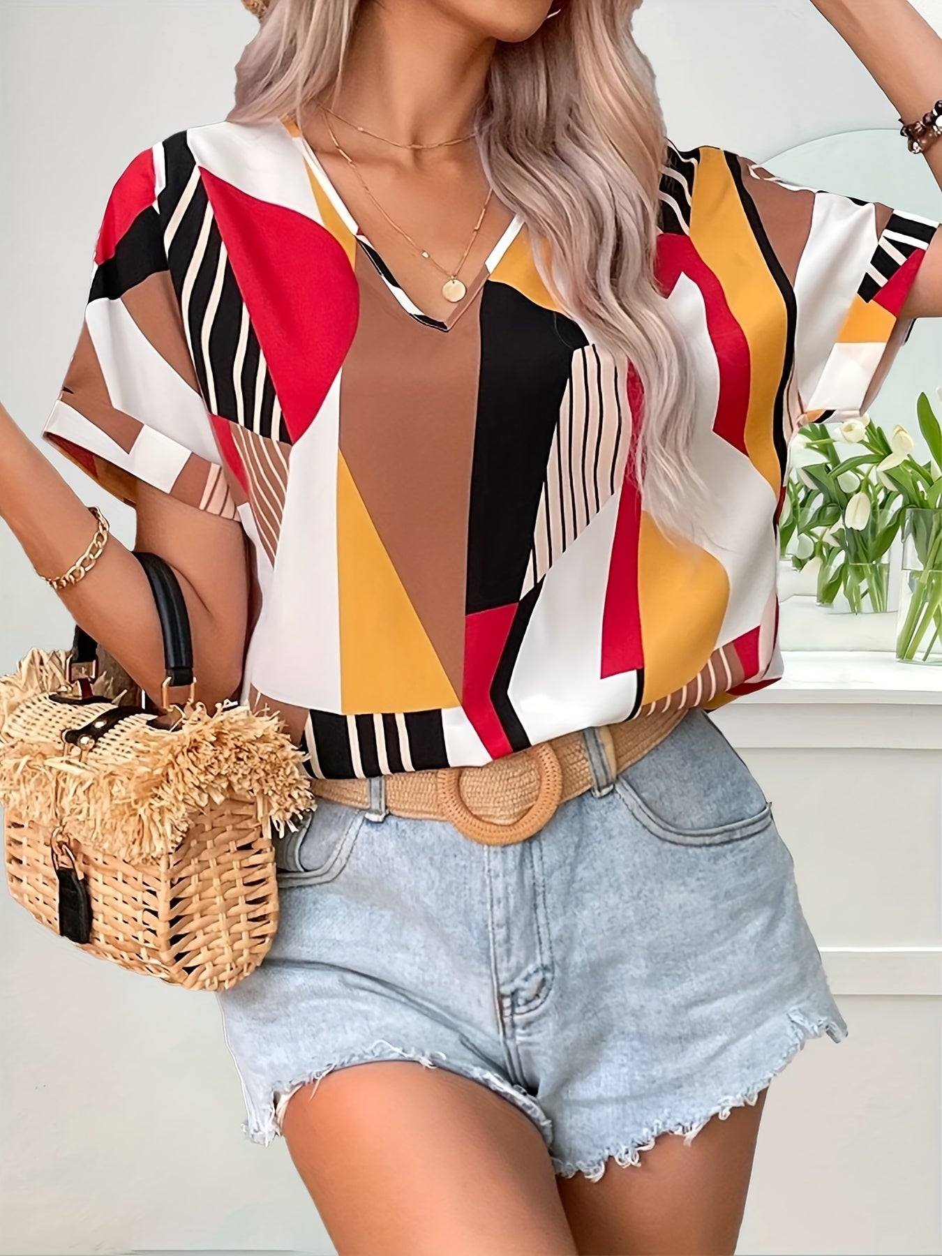 Blusa elegante con estampado cachemir y cuello en V