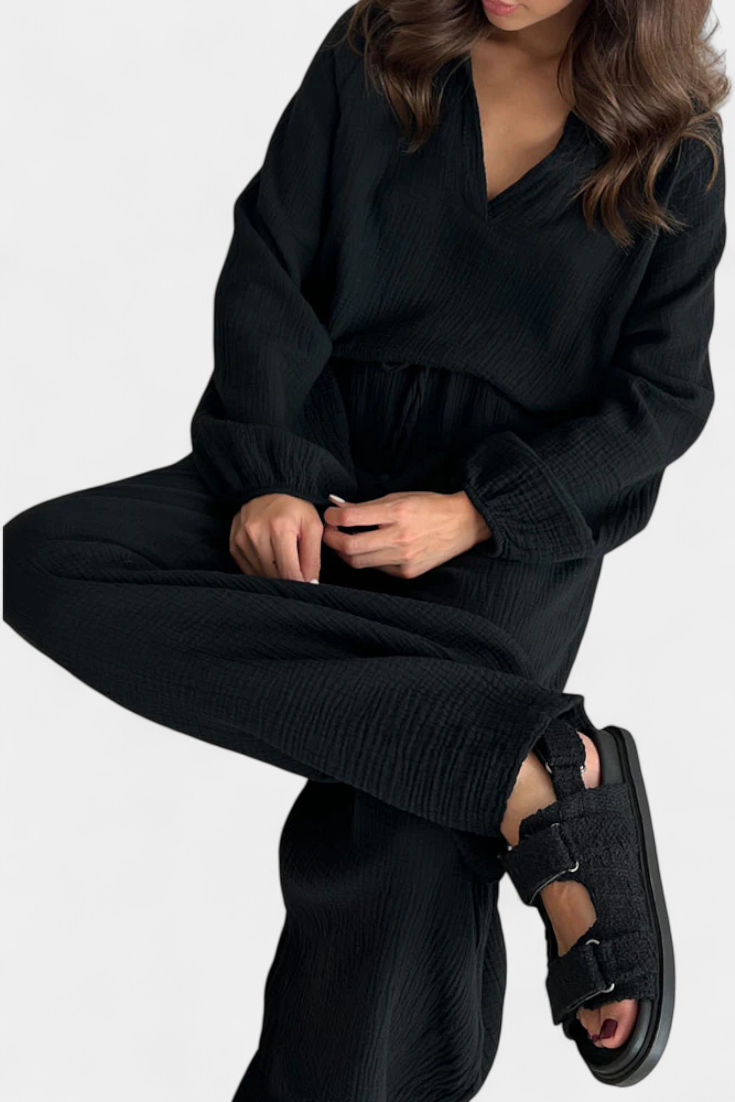 Aya Conjunto de Dos Piezas de Algodón con Escote en V