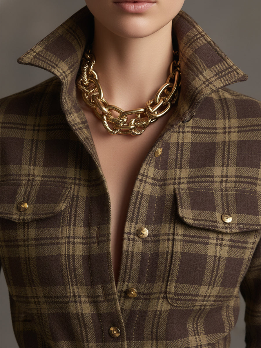 Lapele Vestido Largo de Cuadros con Cinturón