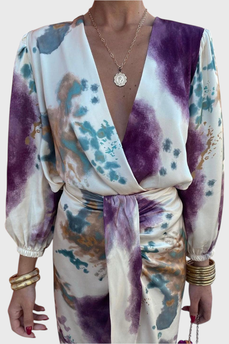 Elara Vestido Maxi con Escote en V Anudado y Estampado Sofisticado