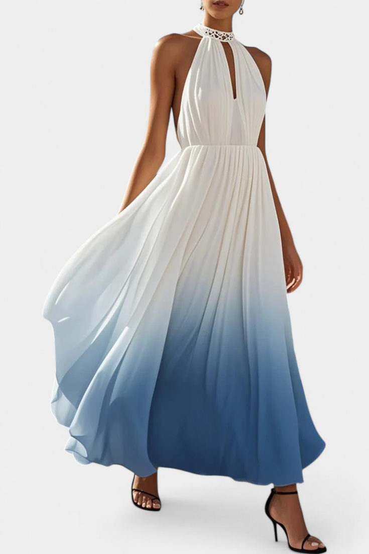 Starla Vestido Maxi Halter Plisado con Detalles de Perlas