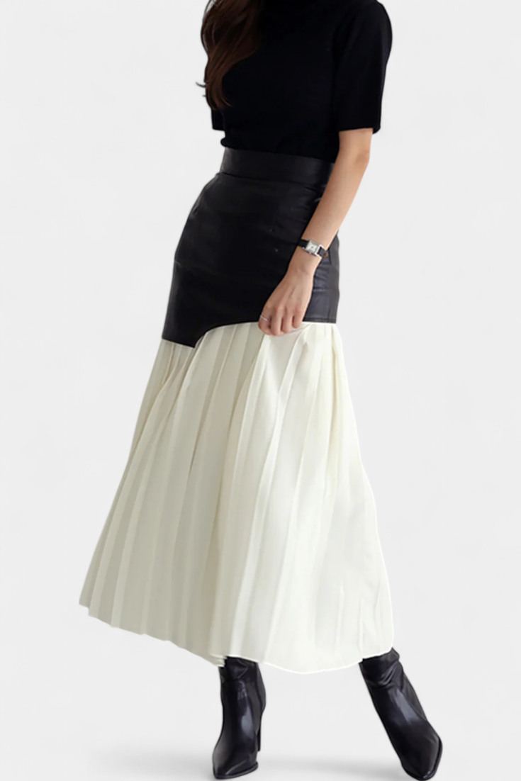 Noelle Falda Maxi Asimétrica de Chifón y Cuero Sintético