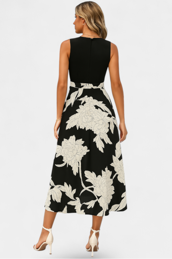 Raquel Vestido con Top de Punto y Falda Floral con Abertura