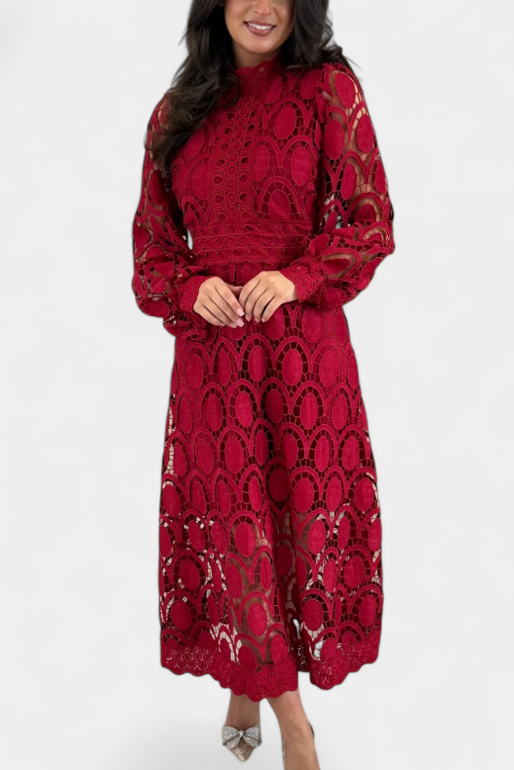 Jovie Vestido Midi de Encaje Bordado con Cuello Alto