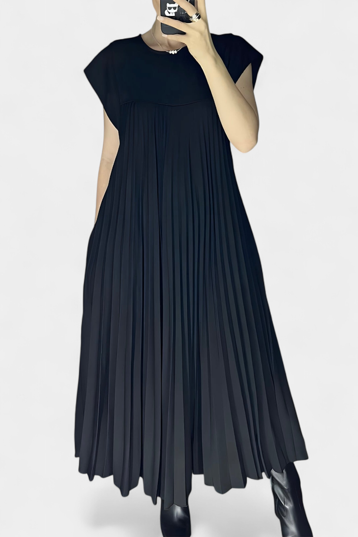 Manuela Vestido Sin Mangas con Pliegues y Cintura Alta