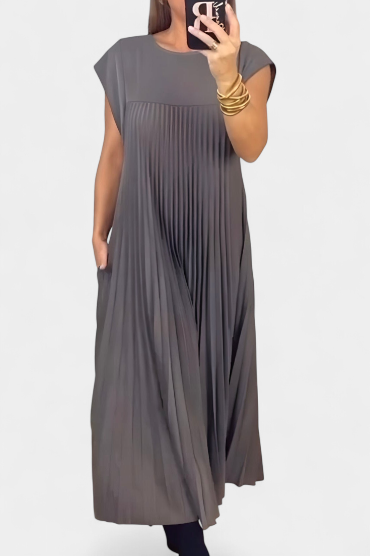 Manuela Vestido Sin Mangas con Pliegues y Cintura Alta