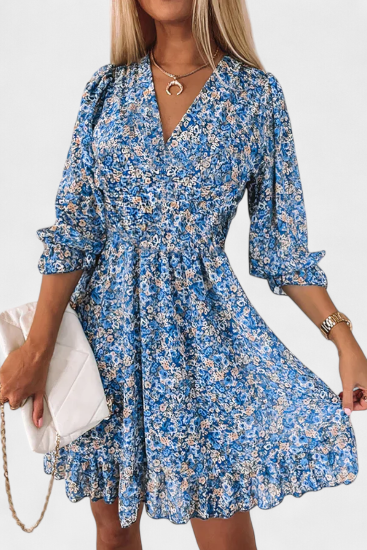 Benicia Vestido Floral de Manga Abullonada con Dobladillo Juguetón