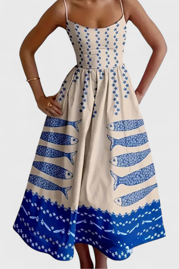 Maricela Vestido Vintage con Tirantes y Estampado de Sardinas