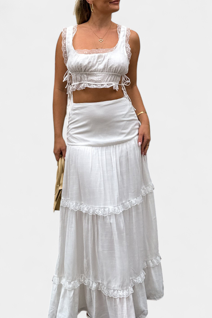 Ilys Conjunto Romántico de Top con Encaje y Falda Larga Voluminosa