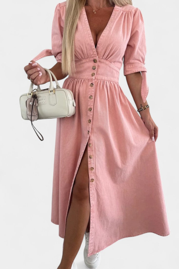 Adelina Vestido Midi de Denim con Botones y Escote en V