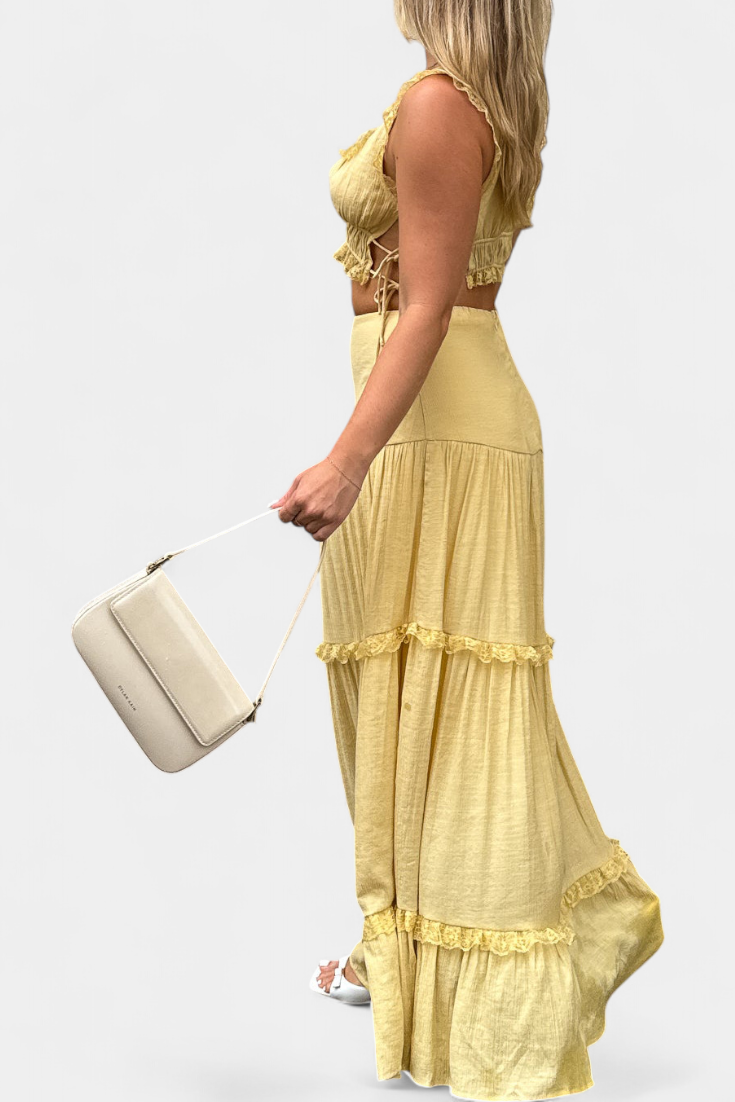 Ilys Conjunto Romántico de Top con Encaje y Falda Larga Voluminosa