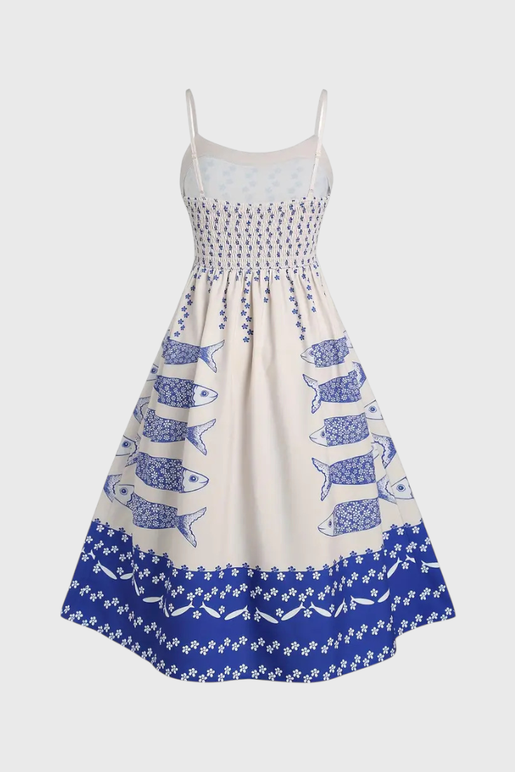 Maricela Vestido Vintage con Tirantes y Estampado de Sardinas