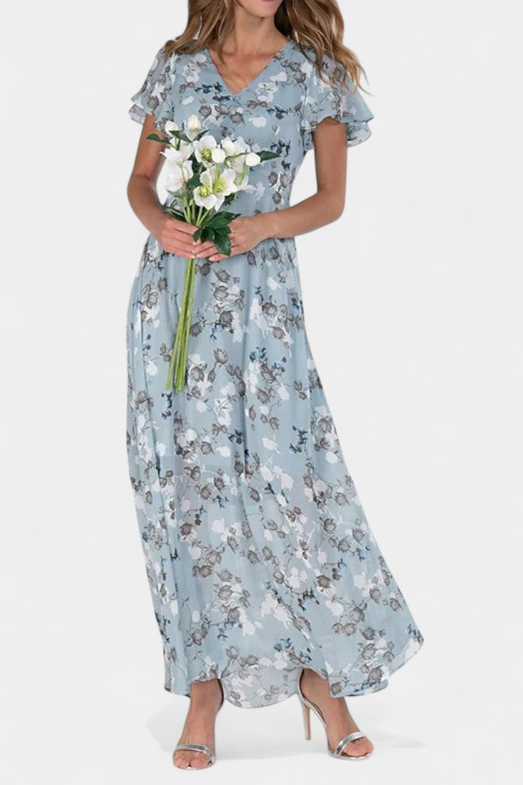 Amara Vestido Maxi Floral con Escote en V y Mangas Aladas