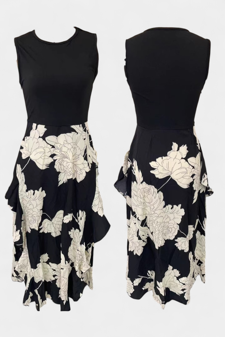 Raquel Vestido con Top de Punto y Falda Floral con Abertura