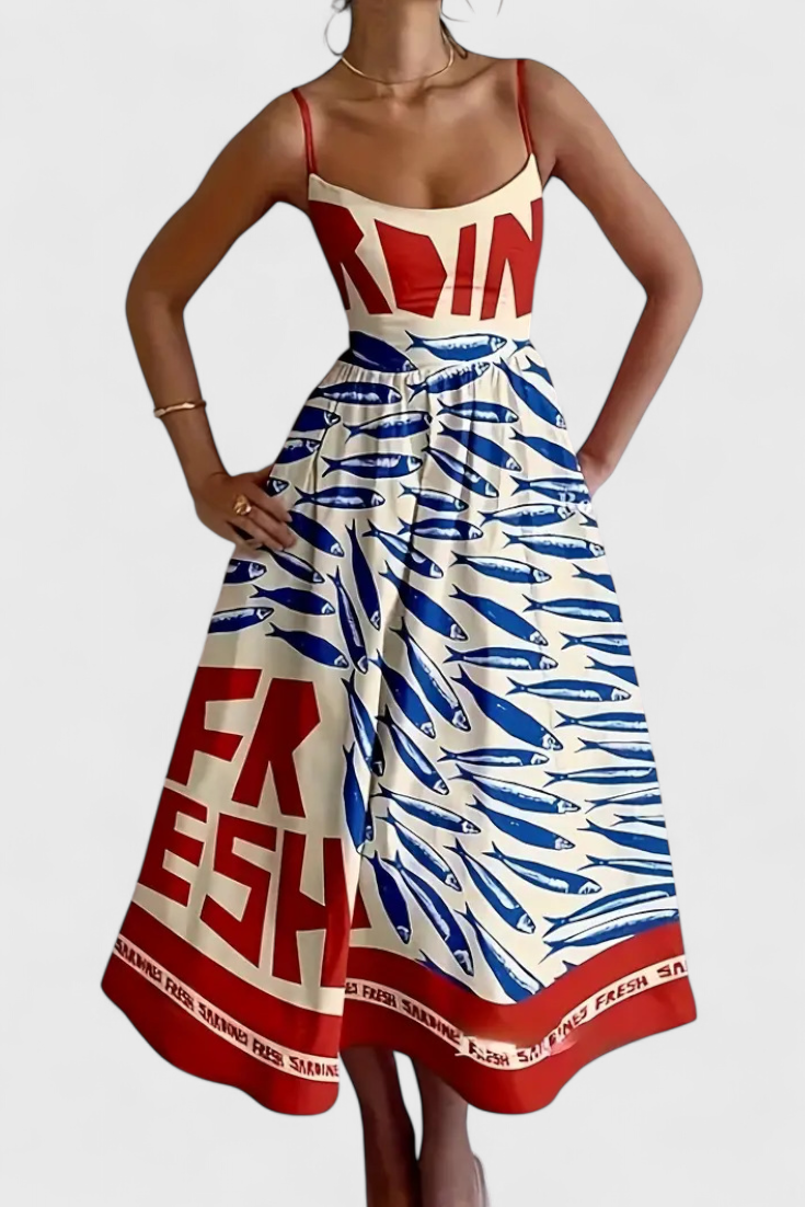 Maricela Vestido Vintage con Tirantes y Estampado de Sardinas