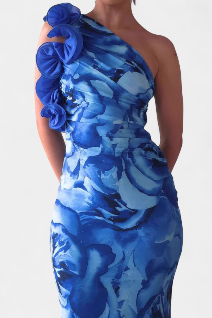 Maëlle Vestido Midi con Detalle Floral de Un Hombro