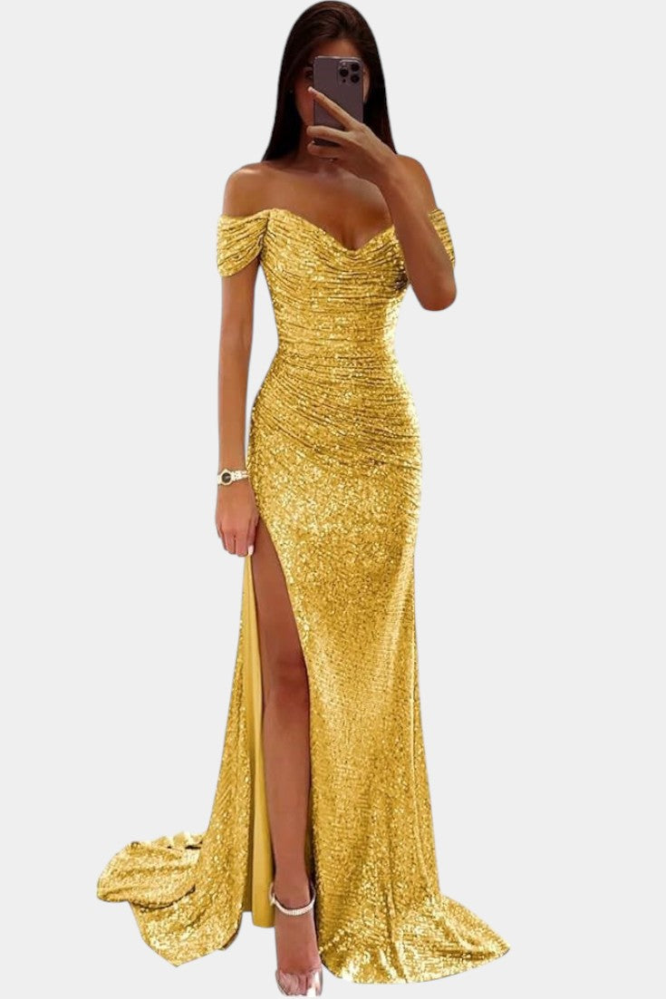 Ariel Vestido de Sirena con Lentejuelas Off-Shoulder