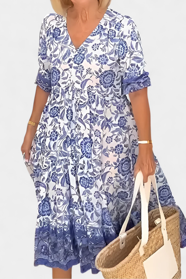 Elcira Vestido Bohemio Floral con Escote en V y Volantes