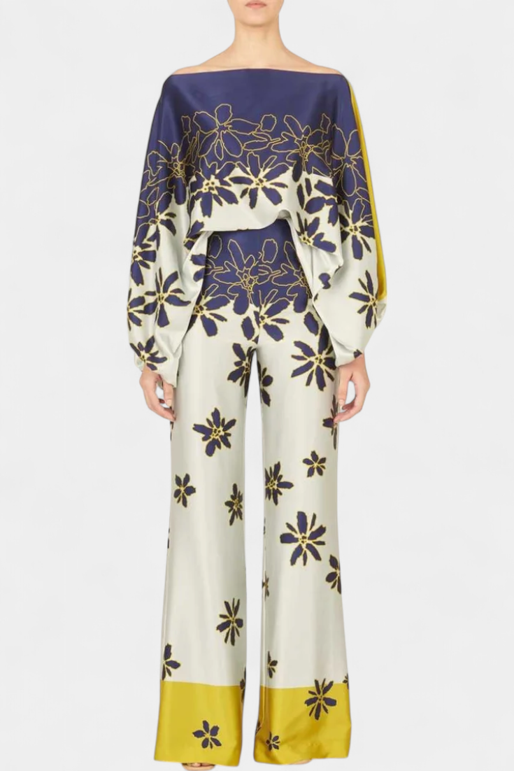 Sybella Conjunto de Dos Piezas con Hombros Descubiertos y Pantalones Amplios Estampados