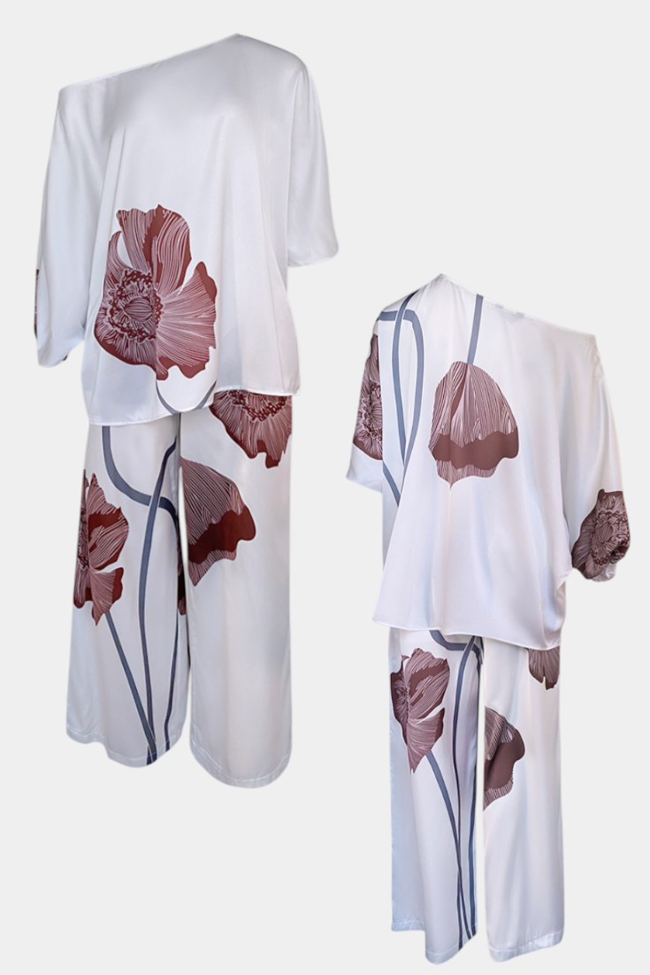 Sybella Conjunto Floral de Dos Piezas con Hombro Descubierto y Pantalón Recto