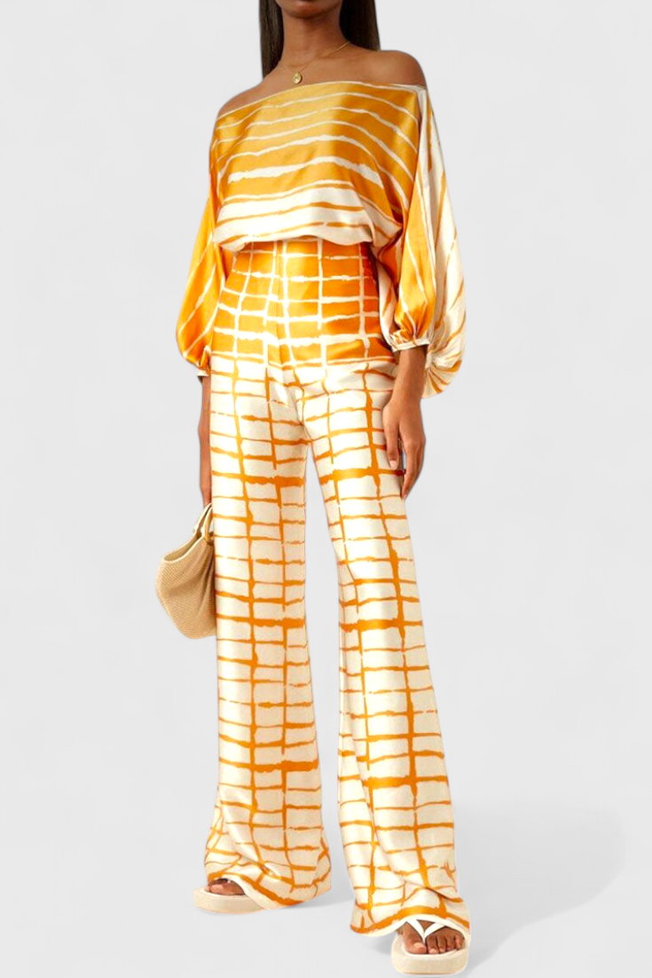 Sybella Conjunto de Dos Piezas con Hombros Descubiertos y Pantalones Amplios Estampados