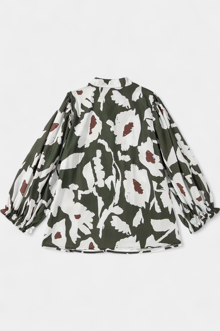 Filomena Blusa con Media Botonadura y Manga Abullonada en Estampado Floral Abstracto