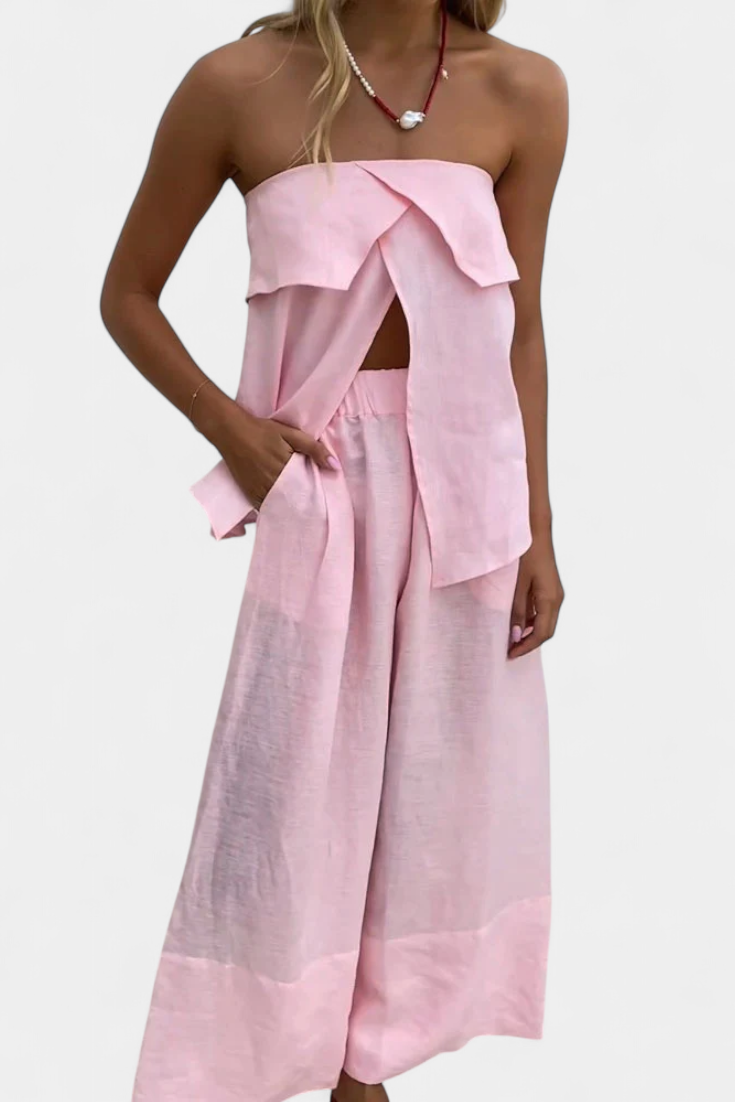 Oriana Conjunto Strapless con Falda de Abertura en Color Liso