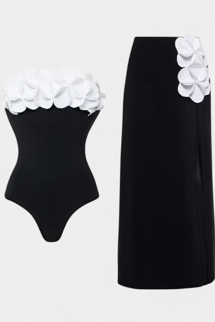 Ahria Conjunto de Bañador con Flores 3D y Falda Envolvente
