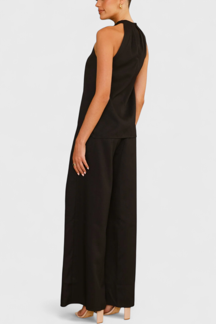 Bernadina Conjunto de Lino con Top de Abertura Frontal y Pantalón de Pierna Ancha