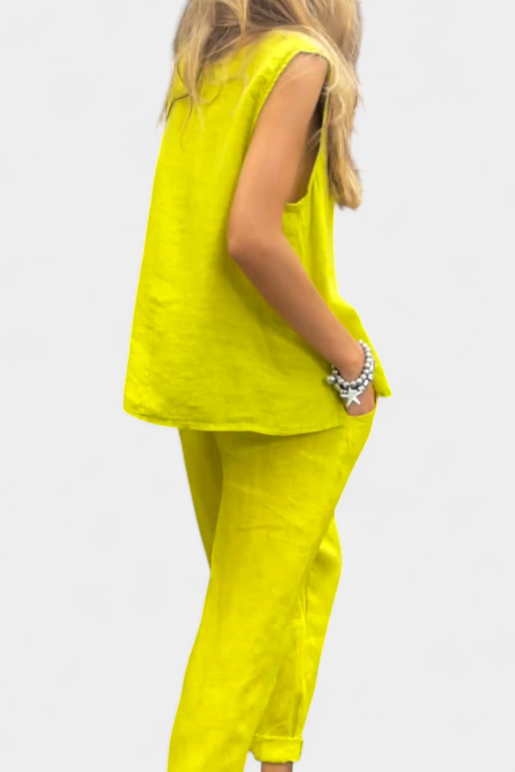 Leona Conjunto de Chaleco y Pantalón Sin Mangas en Algodón Lino