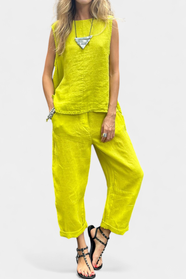 Leona Conjunto de Chaleco y Pantalón Sin Mangas en Algodón Lino