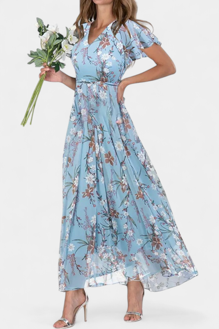 Amara Vestido Maxi Floral con Escote en V y Mangas Aladas