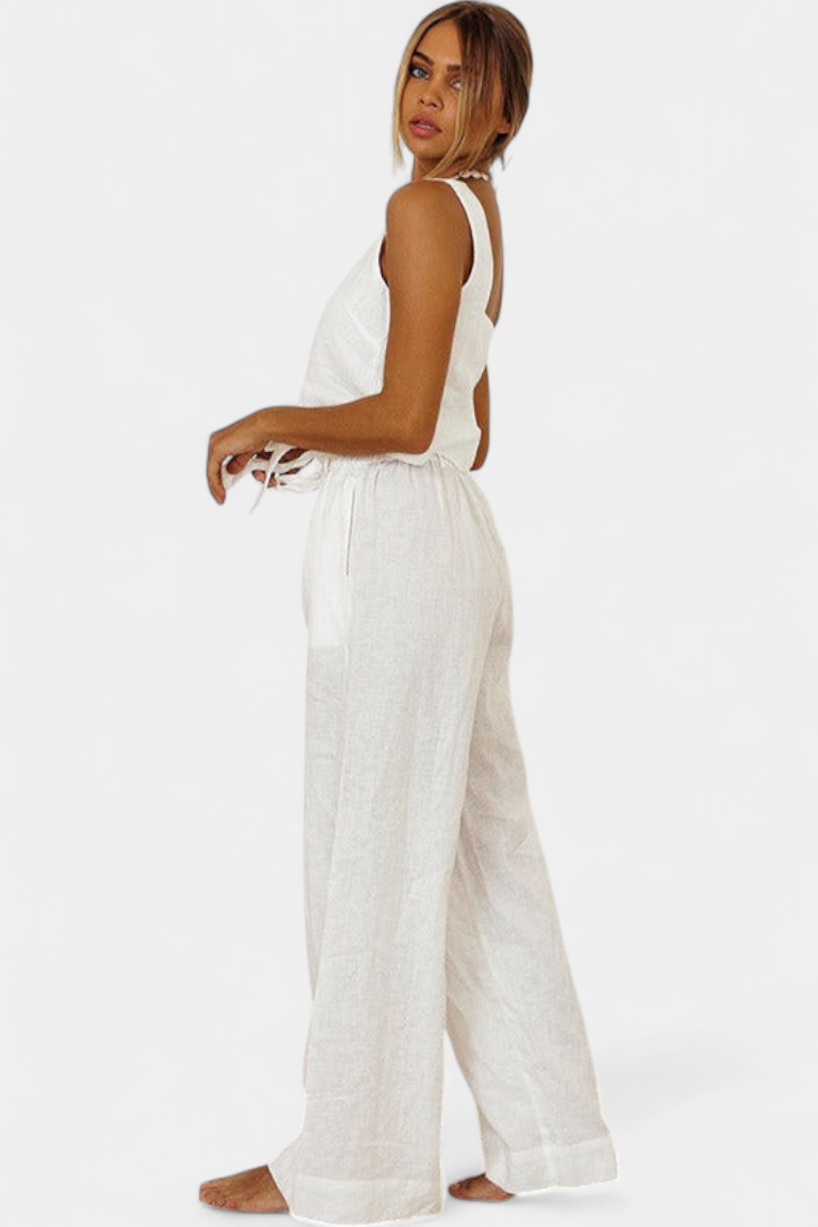 Pascuala Conjunto de Lino de Dos Piezas con Blusa sin Mangas y Pantalón Fluido